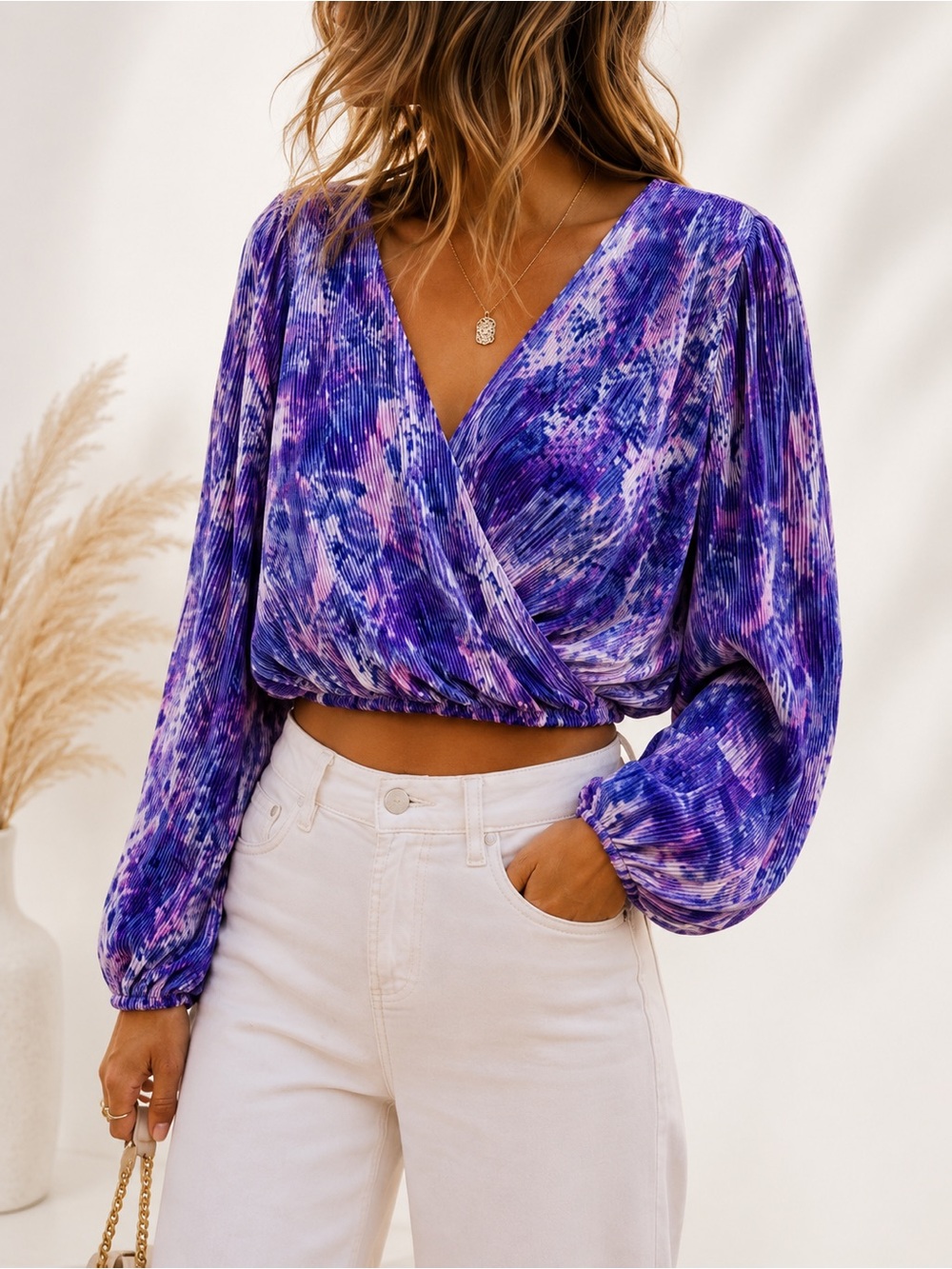 ASTR The Label Purple Pleated Faux Wrap Crop Top Long Sleeve Size Small Y2K Insp